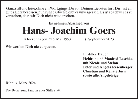 Traueranzeige von Hans-Joachim Goers von Ostsee-Zeitung GmbH
