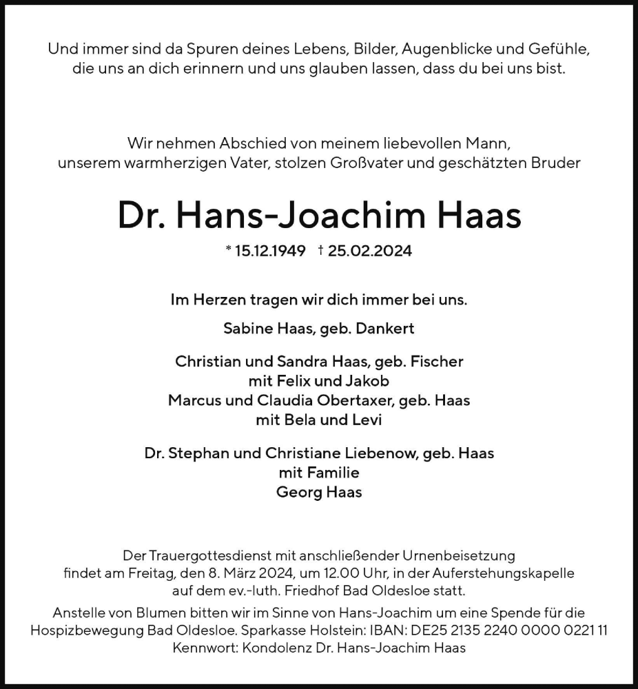  Traueranzeige für Hans-Joachim Haas vom 03.03.2024 aus Lübecker Nachrichten