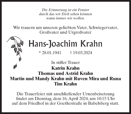 Traueranzeige von Hans-Joachim Krahn von Märkischen Allgemeine Zeitung