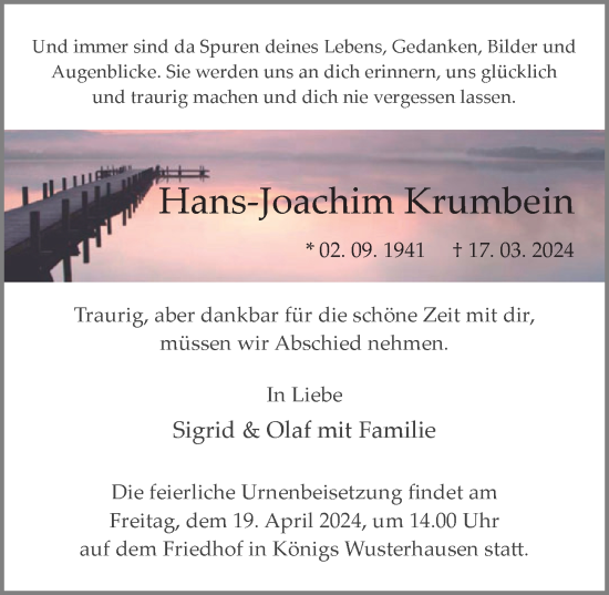 Traueranzeige von Hans-Joachim Krumbein von Märkischen Allgemeine Zeitung