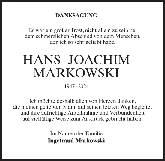 Traueranzeige von Hans-Joachim Markowski von Wochenspiegel