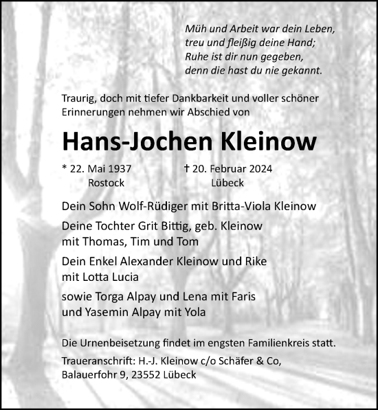 Traueranzeige von Hans-Jochen Kleinow von Lübecker Nachrichten