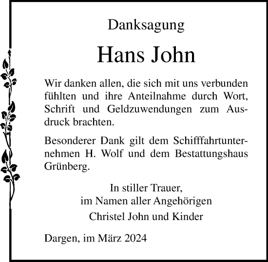 Traueranzeige von Hans John von Ostsee-Zeitung GmbH