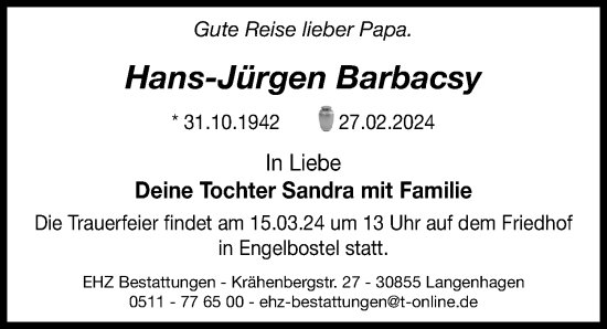 Traueranzeige von Hans-Jürgen Barbacsy von Hannoversche Allgemeine Zeitung/Neue Presse