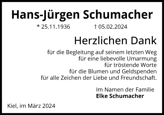 Traueranzeige von Hans-Jürgen Schumacher von Kieler Nachrichten