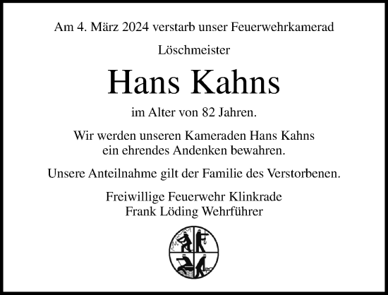 Traueranzeige von Hans Kahns von Lübecker Nachrichten