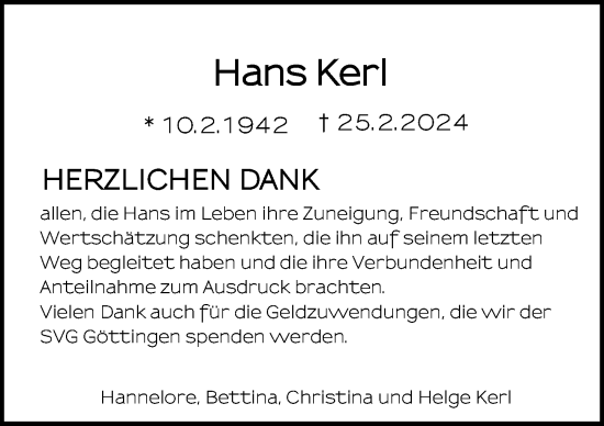 Traueranzeige von Hans Kerl von Göttinger Tageblatt