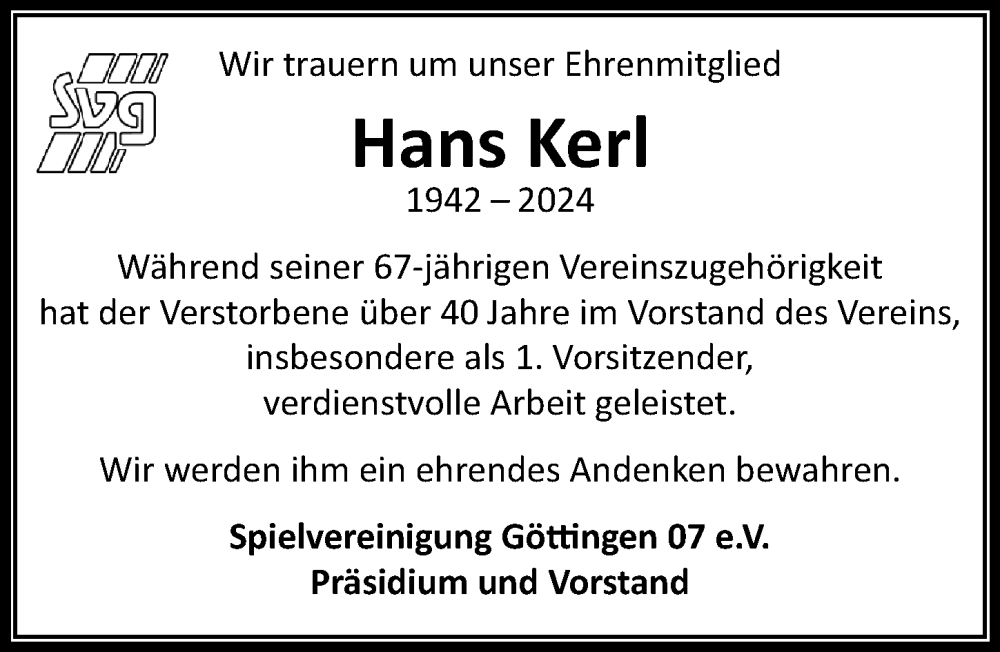  Traueranzeige für Hans Kerl vom 02.03.2024 aus Göttinger Tageblatt