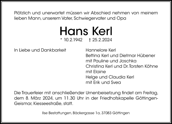 Traueranzeige von Hans Kerl von Göttinger Tageblatt