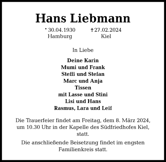 Traueranzeige von Hans Liebmann von Kieler Nachrichten