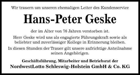 Traueranzeige von Hans-Peter Geske von Kieler Nachrichten