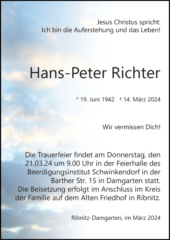 Traueranzeige von Hans-Peter Richter von Ostsee-Zeitung GmbH
