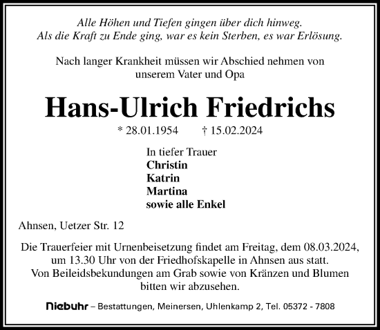 Traueranzeige von Hans-Ulrich Friedrichs von Aller Zeitung