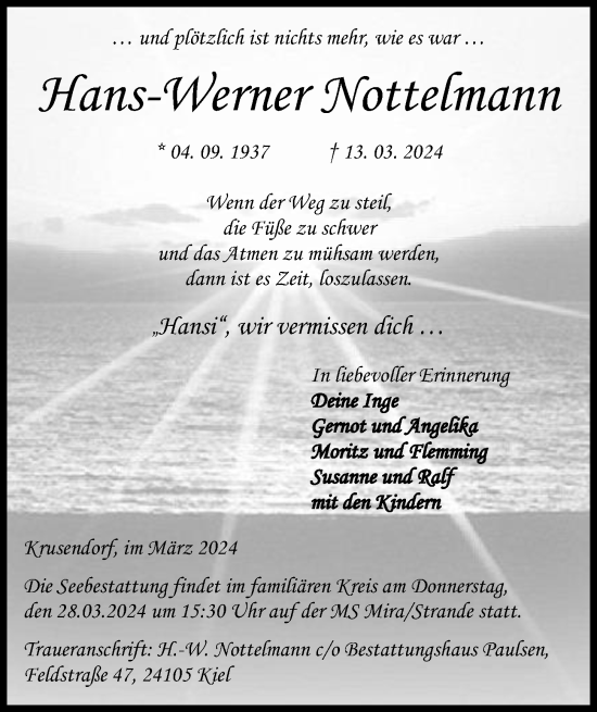 Traueranzeige von Hans-Werner Nottelmann von Kieler Nachrichten
