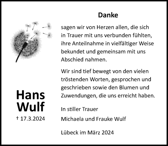 Traueranzeige von Hans Wulf von Lübecker Nachrichten