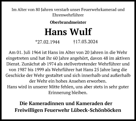 Traueranzeige von Hans Wulf von Lübecker Nachrichten