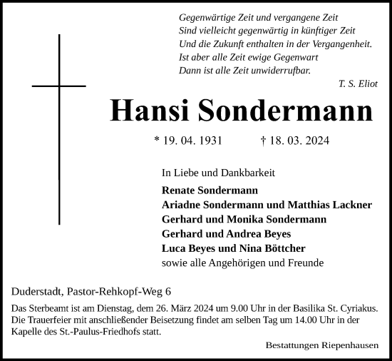 Traueranzeige von Hansi Sondermann von Göttinger Tageblatt