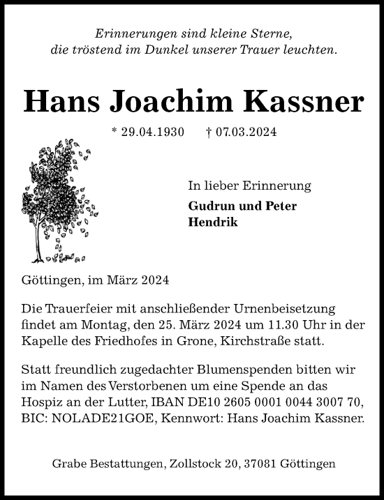 Traueranzeige von Hans Joachim Kassner von Göttinger Tageblatt