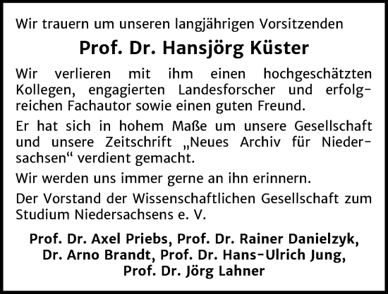 Traueranzeige von Hansjörg Küster von Hannoversche Allgemeine Zeitung/Neue Presse