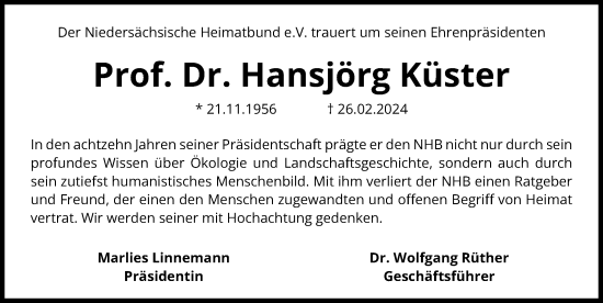 Traueranzeige von Hansjörg Küster von Hannoversche Allgemeine Zeitung/Neue Presse