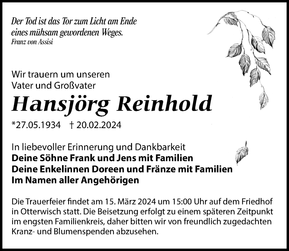  Traueranzeige für Hansjörg Reinhold vom 09.03.2024 aus Leipziger Volkszeitung