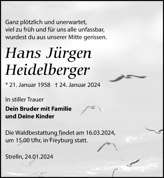 Traueranzeige von Hans Jürgen Heidelberger von Torgauer Zeitung