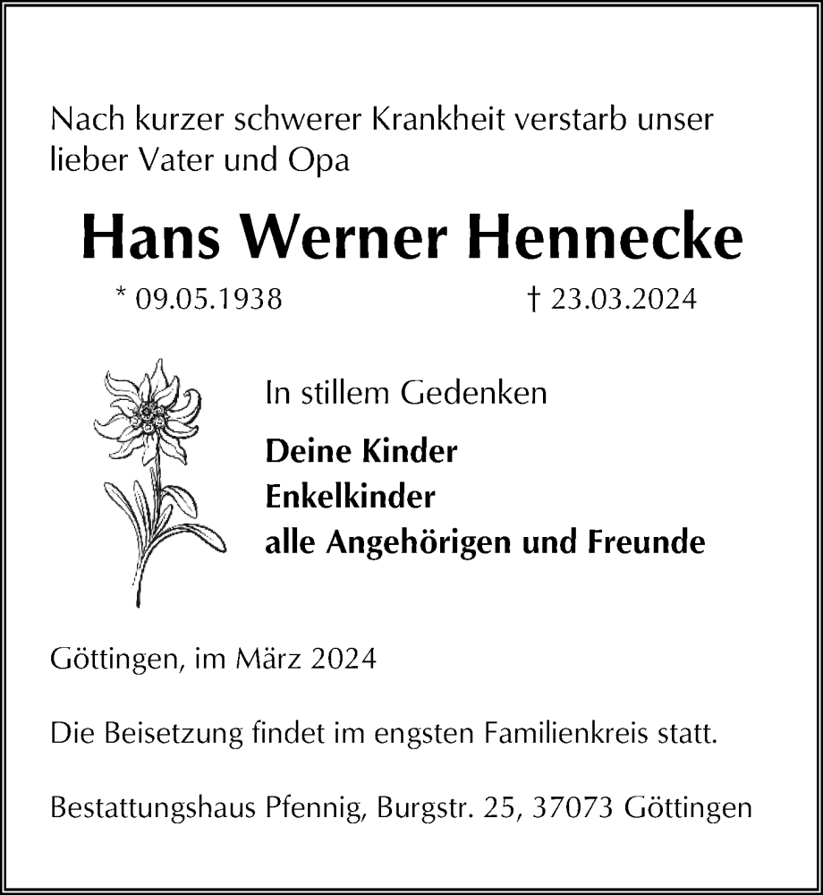  Traueranzeige für Hans Werner Hennecke vom 30.03.2024 aus Göttinger Tageblatt