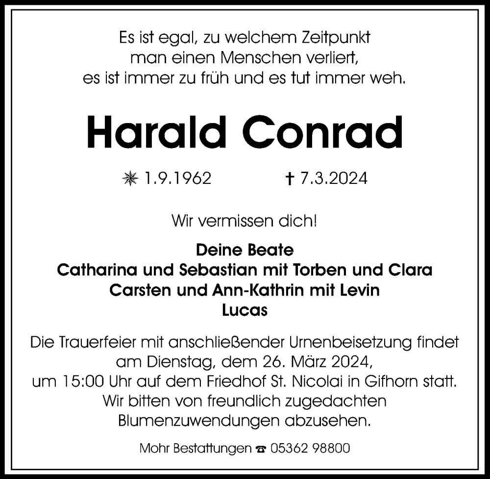  Traueranzeige für Harald Conrad vom 16.03.2024 aus Aller Zeitung