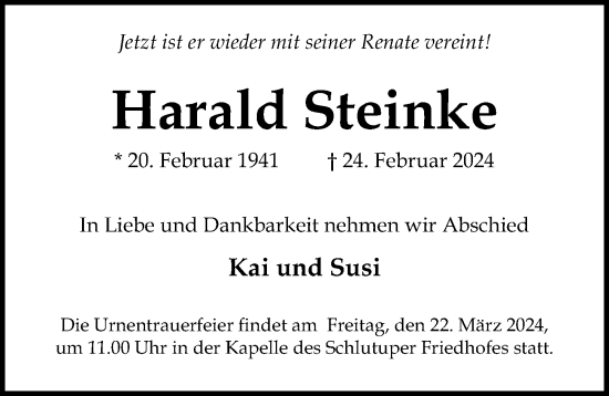 Traueranzeige von Harald Steinke von Lübecker Nachrichten