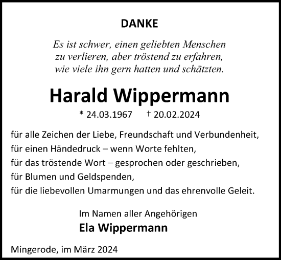 Traueranzeige von Harald Wippermann von Eichsfelder Tageblatt