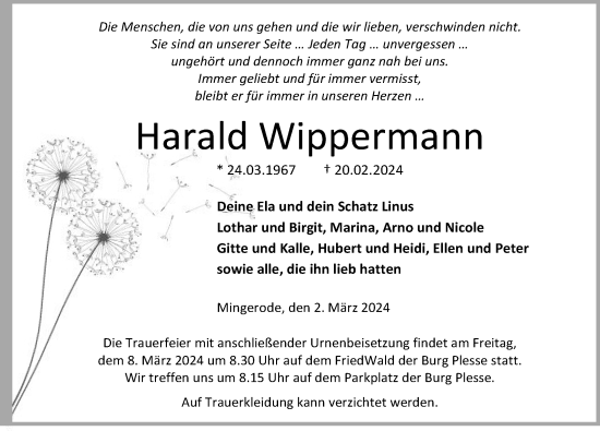 Traueranzeige von Harald Wippermann von Eichsfelder Tageblatt