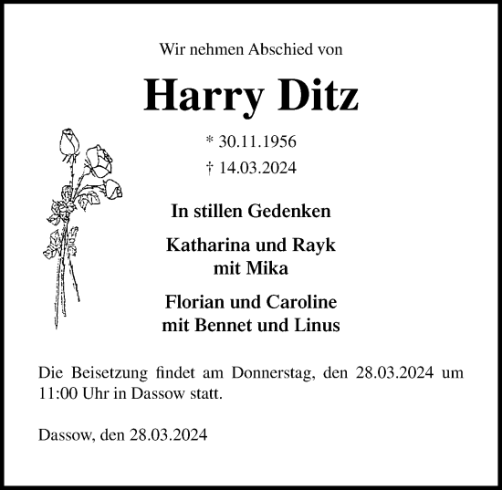 Traueranzeige von Harry Ditz von Ostsee-Zeitung GmbH