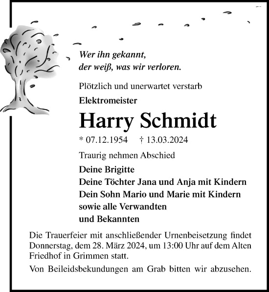 Traueranzeige von Harry Schmidt von Ostsee-Zeitung GmbH