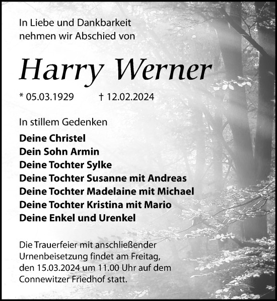 Traueranzeige von Harry Werner von Leipziger Volkszeitung