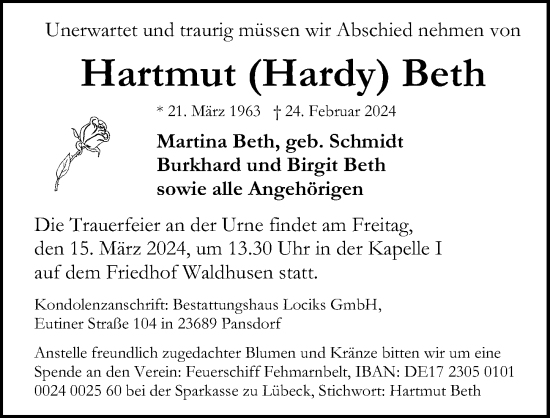 Traueranzeige von Hartmut Beth von Lübecker Nachrichten