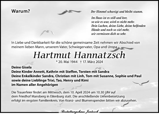 Traueranzeige von Hartmut Hannatzsch von Leipziger Volkszeitung