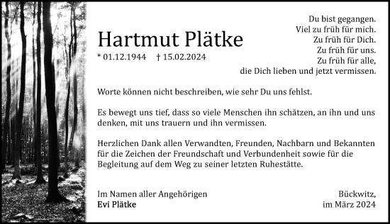 Traueranzeige von Hartmut Plätke von Wochenspiegel
