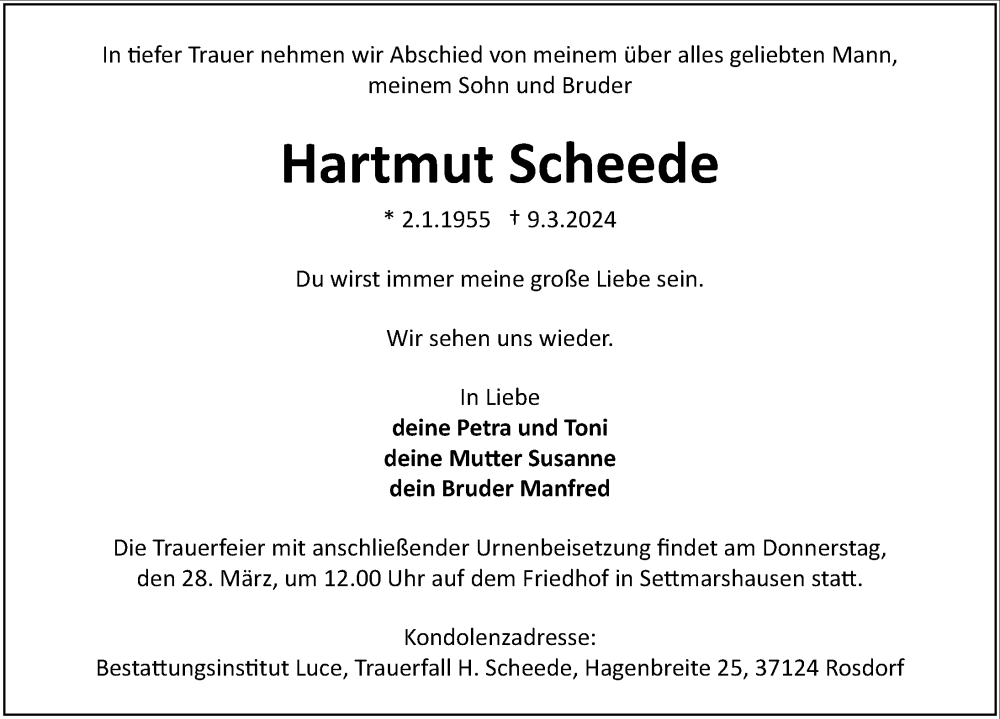  Traueranzeige für Hartmut Scheede vom 16.03.2024 aus Göttinger Tageblatt
