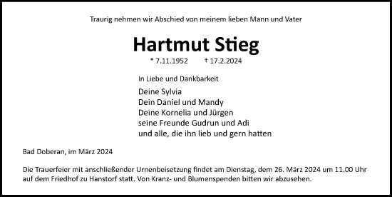 Traueranzeige von Hartmut Stieg von Ostsee-Zeitung GmbH