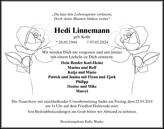 Traueranzeige von Hedi Linnemann von Göttinger Tageblatt