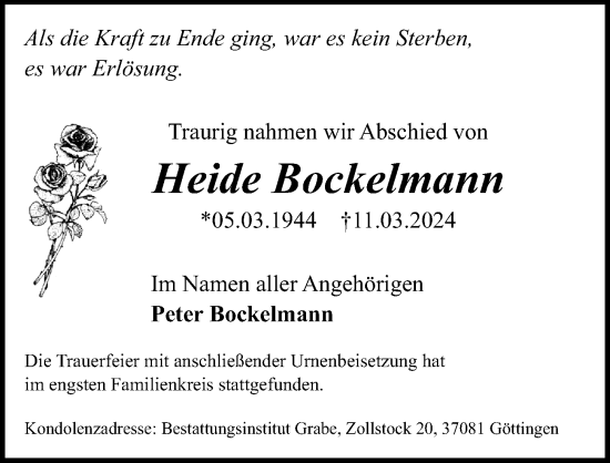 Traueranzeige von Heide Bockelmann von Göttinger Tageblatt
