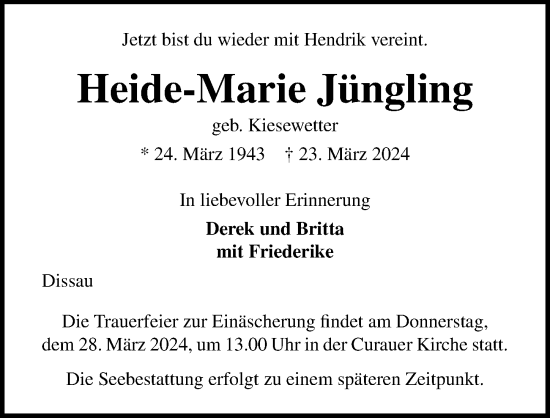 Traueranzeige von Heide-Marie Jüngling von Lübecker Nachrichten