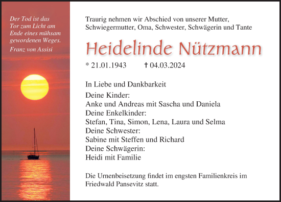 Traueranzeige von Heidelinde Nützmann von Ostsee-Zeitung GmbH