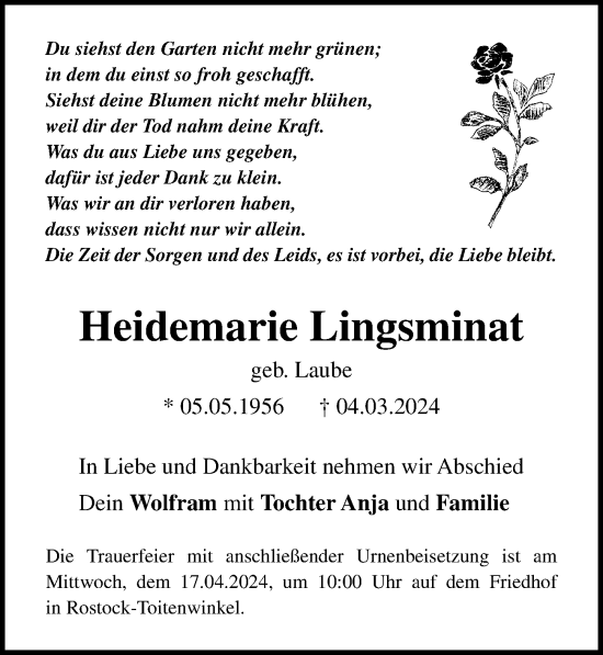 Traueranzeige von Heidemarie Lingsminat von Ostsee-Zeitung GmbH