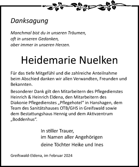 Traueranzeige von Heidemarie Nuelken von Ostsee-Zeitung GmbH