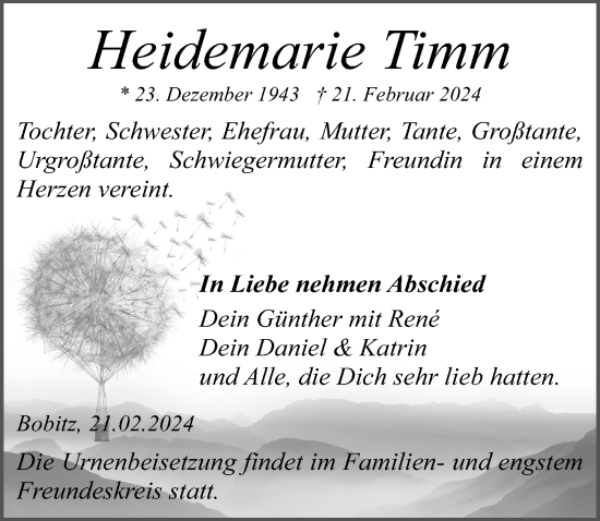Traueranzeige von Heidemarie Timm von Ostsee-Zeitung GmbH