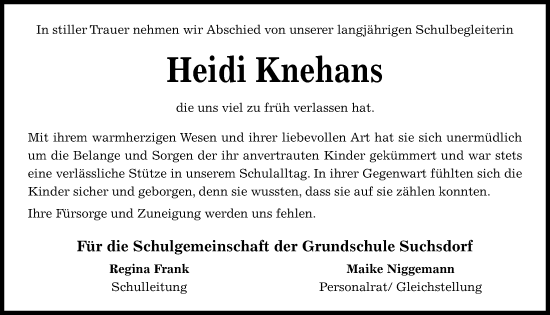 Traueranzeige von Heidi Knehans von Kieler Nachrichten