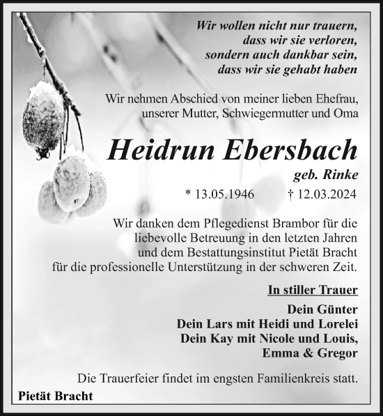 Traueranzeige von Heidrun Ebersbach von Leipziger Volkszeitung