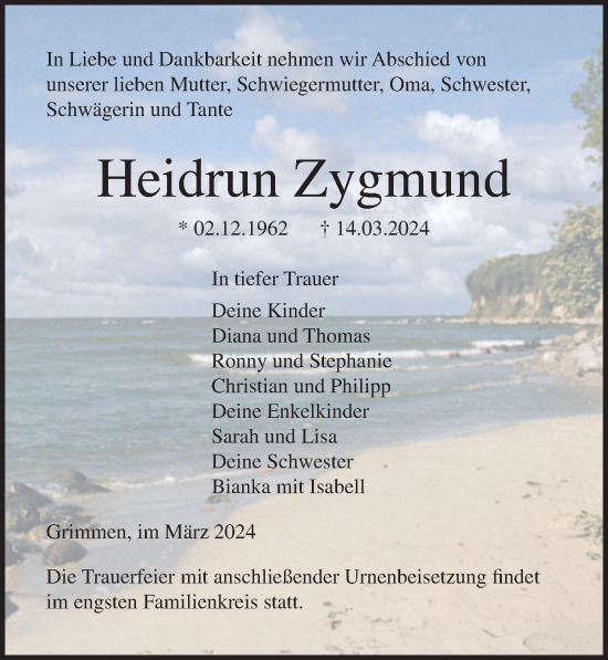 Traueranzeige von Heidrun Zygmund von Ostsee-Zeitung GmbH