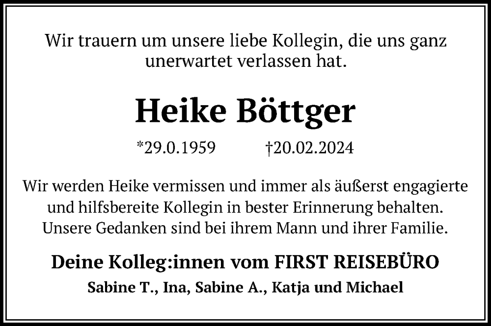  Traueranzeige für Heike Böttger vom 02.03.2024 aus Göttinger Tageblatt